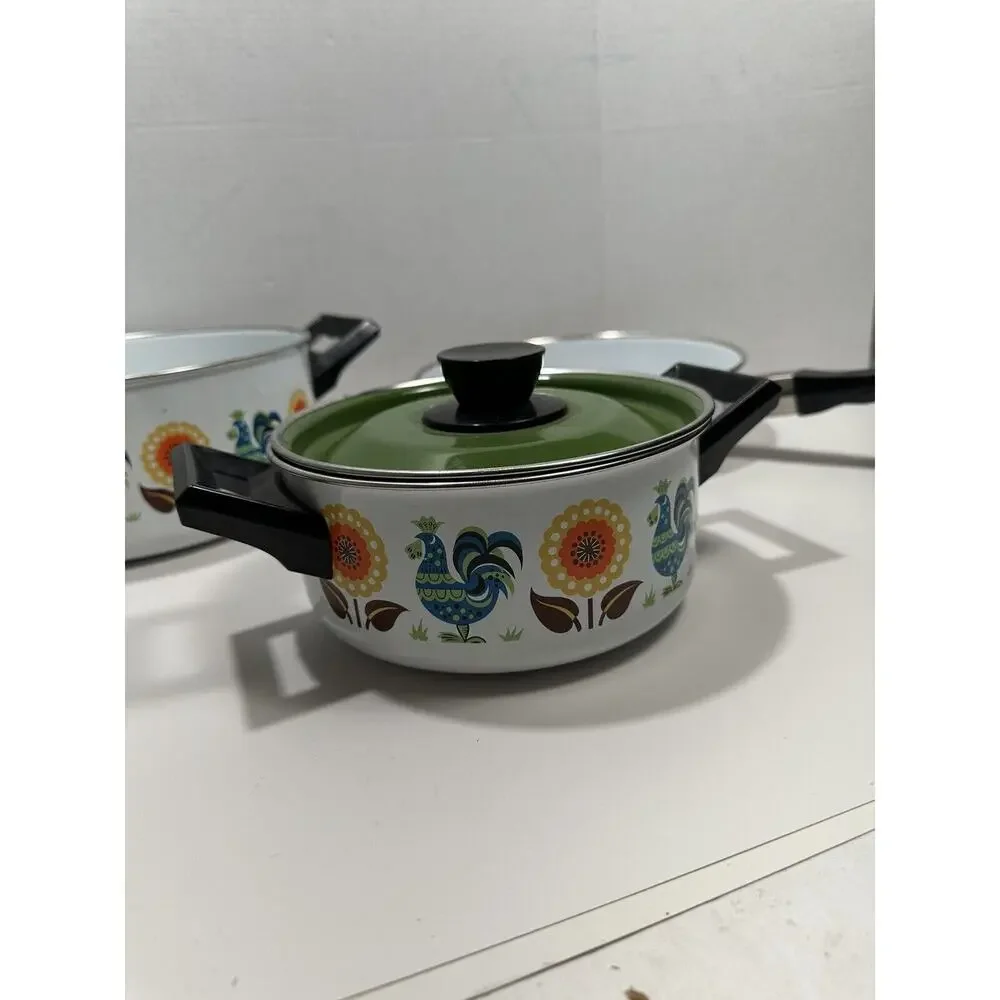 Vtg Lot 3 Enamel Stock Pots Rooster & Poppy Flower‎ 60s 70s Saucer Fry MCM RARE